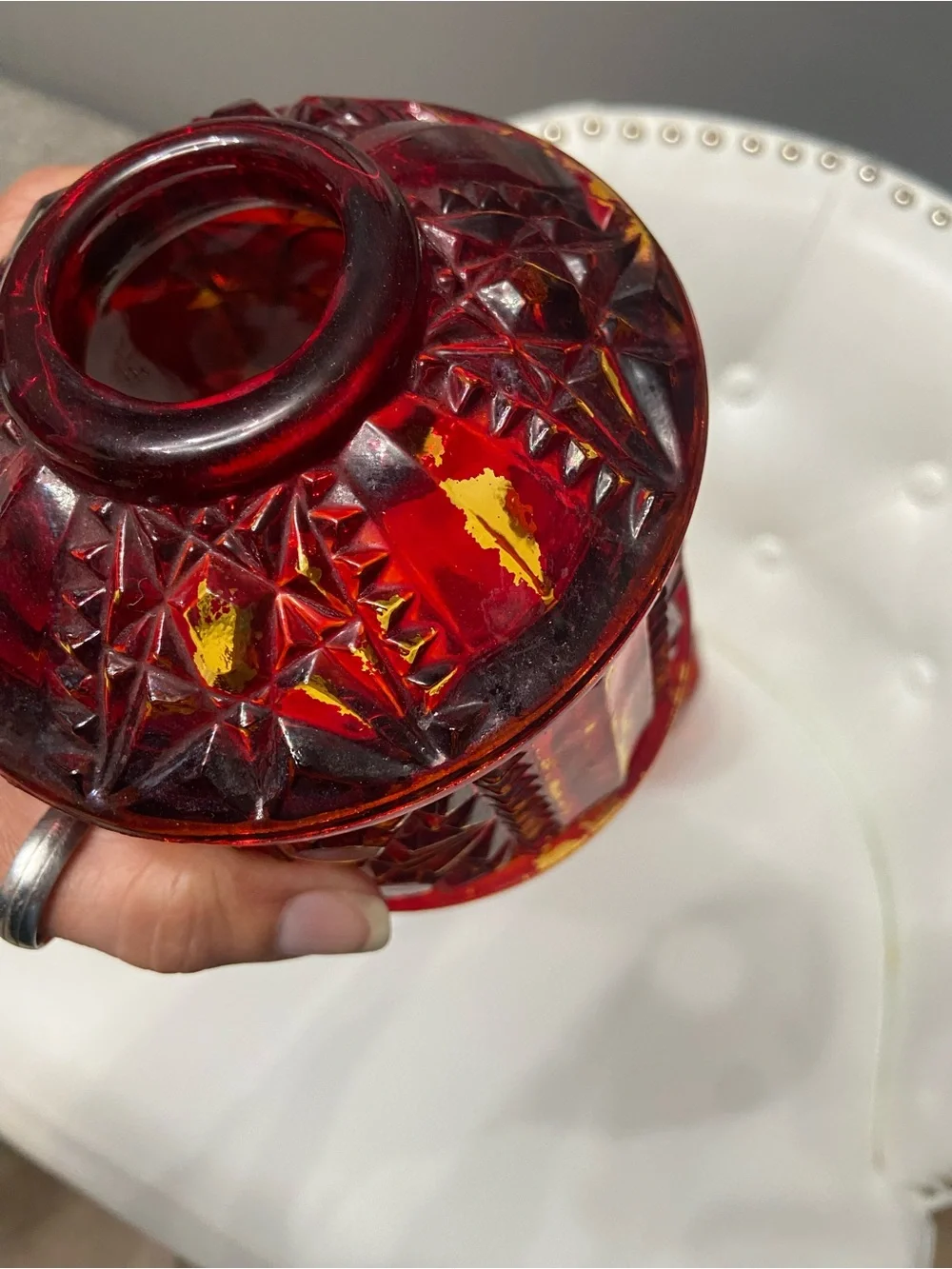 Vintage INDIANA GLASS Fairy Lamp Ruby Flash Red over Amber STARS & BARS - Picture 10 of 17